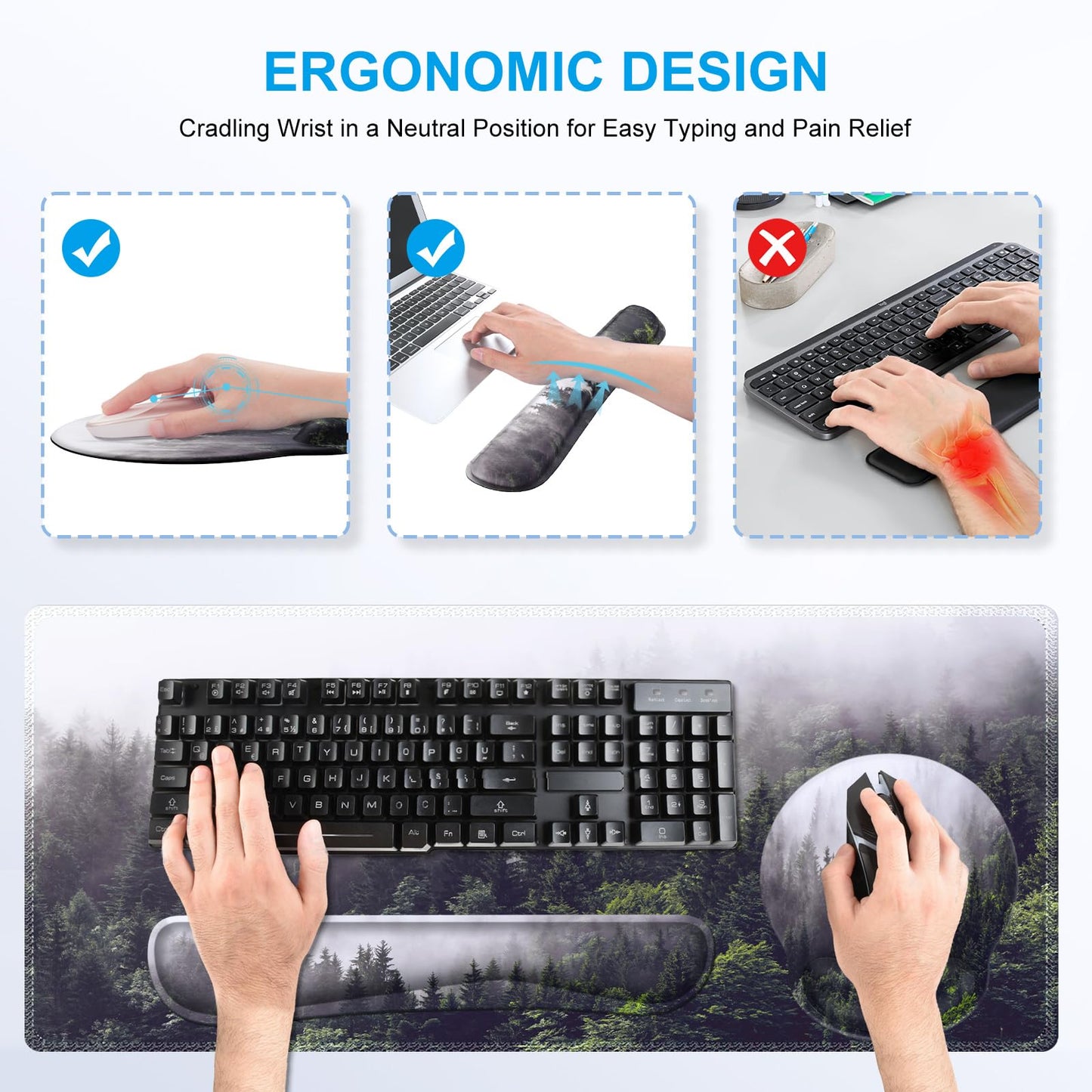 iCasso Desk Mat, Gaming Mouse Pad Wrist Support Set,4in1 XXL Large Mousepad + Keyboard Wrist Rest+Mouse Wrist Rest+Coaster Set with Ergonomic Design for Home Office Table Computer-Forest
