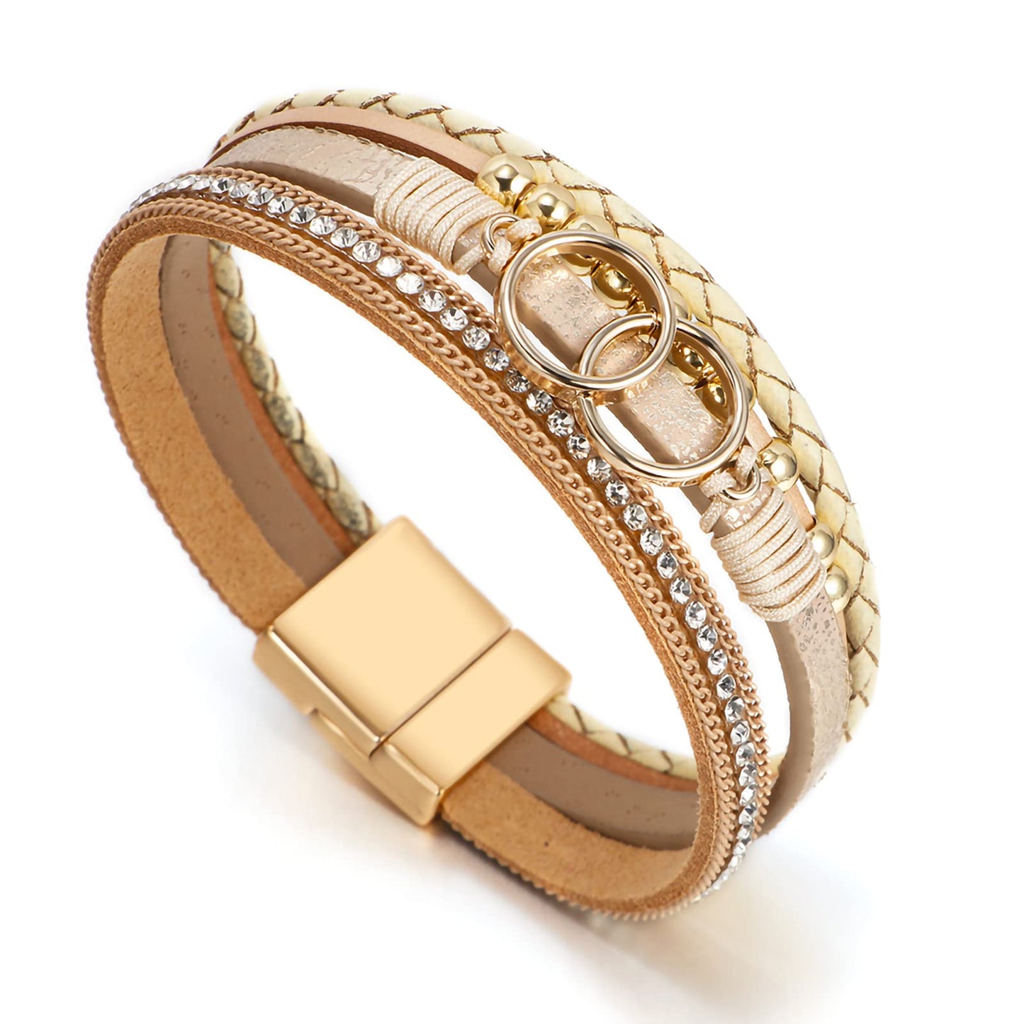 Leopard Bracelet for Women, Boho Leather Wrap Multi-Layer Pearl Crystal Bracelet Bangle Jewelry (Double Circle(Khaki))