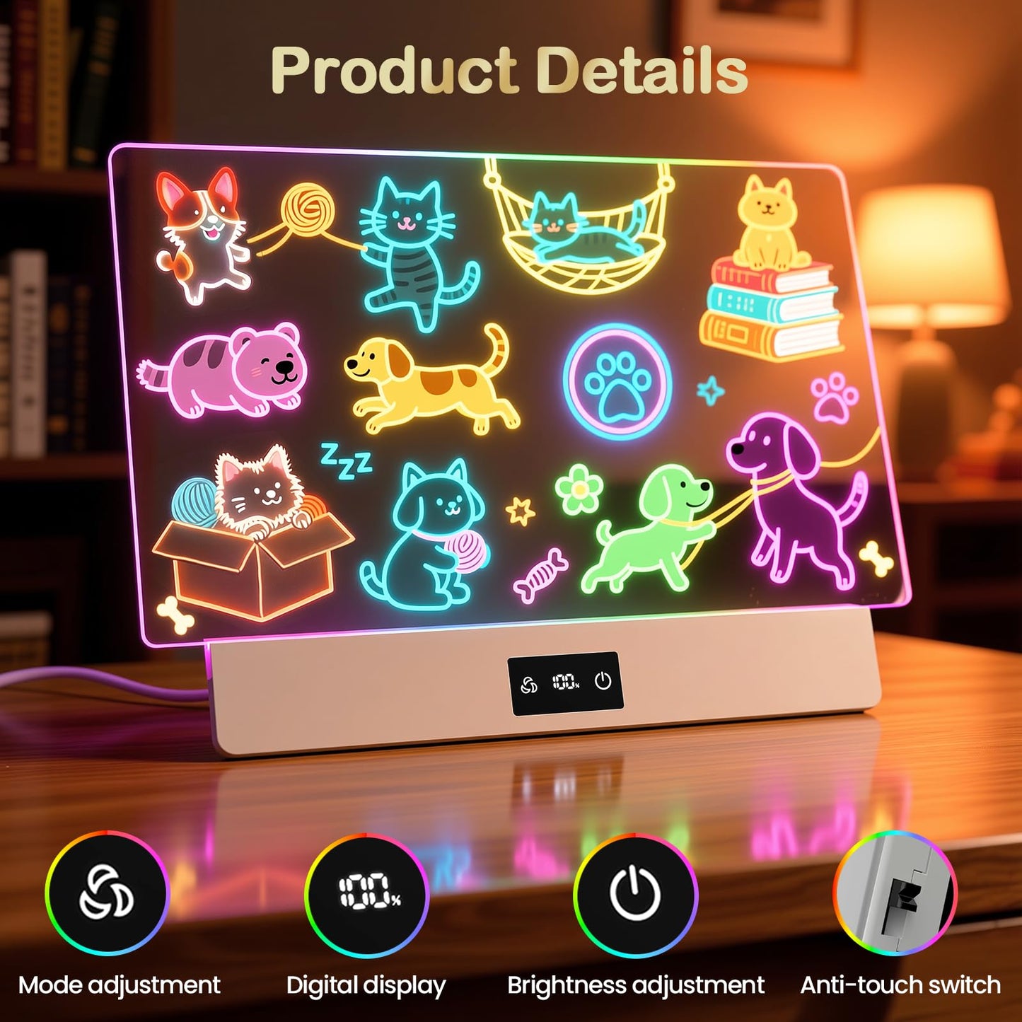 TAEMVV LED Drawing Board for Kids, 16-Inch Rechargeable Light Up Dry Erase Board with 8 Colors, 3 Dynamic Modes, 6-Level Dimmer, 15H Battery, Built-in Stand & Full Kit Clear Milky White