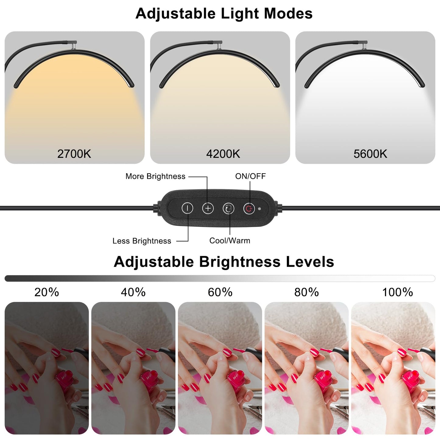 ZEKAHOV Professional Half Moon LED Desk Light for Nail Techs & Artists – Flexible Gooseneck Arch Table Lamp with Clamp, 5 Color Modes & 5 Brightness Levels for Manicure, Tattoo, Beauty Work