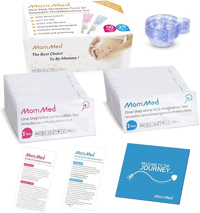 MomMed Ovulation Test Strips, Ovulation and Pregnancy Tests (LH50-HCG20), Includes 50 Ovulation Tests and 20 Pregnancy Tests with 70 Urine Cups, Accurately Track Ovulation and Detect Early Pregnancy