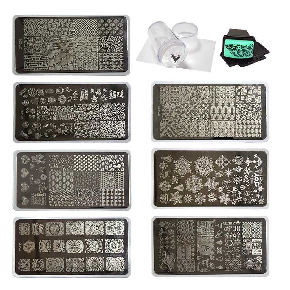 Beauty Leader Nail Art Stamping Template Mix Design 7Pcs Image Plates with White Plastic Plate Holder+1 Pcs Square Rubber Stamper DIY Nail Art Image Stamp Plate(26-32)