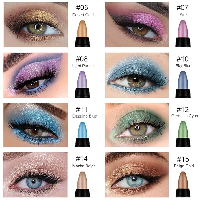 8Pcs Glitter Eye Shadow Sticks Liner Pencils Makeup Set, Desert Mocha Beige Gold Light Purple Pink Sky Dazzling Blue Geen Glitter Shimmer Eyeliner Pencil Cream Eyeshadow Palette Makeup for Older Women