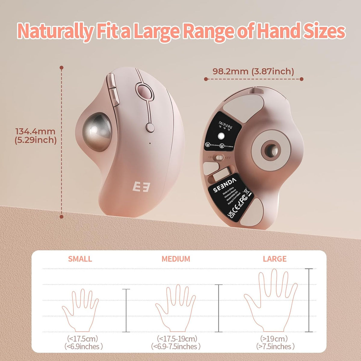 seenda Wireless Trackball Mouse, Bluetooth Ergonomic Rollerball Mouse, Rechargeable Multi Devices USB/Bluetooth Connection Thumb Control Compatible for Mac/Android/Windows Computers, Rose Pink