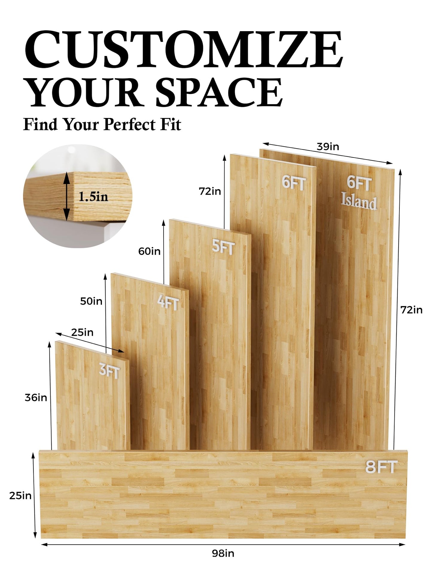 5FT Butcher Block Countertop Birch Solid Wood - 60" x 25" Table Top Butcher Block Cutting Board for Kitchen Island Living Dining Table Office Desk Workbench laundry Countertop Unfinished 1.5" Th