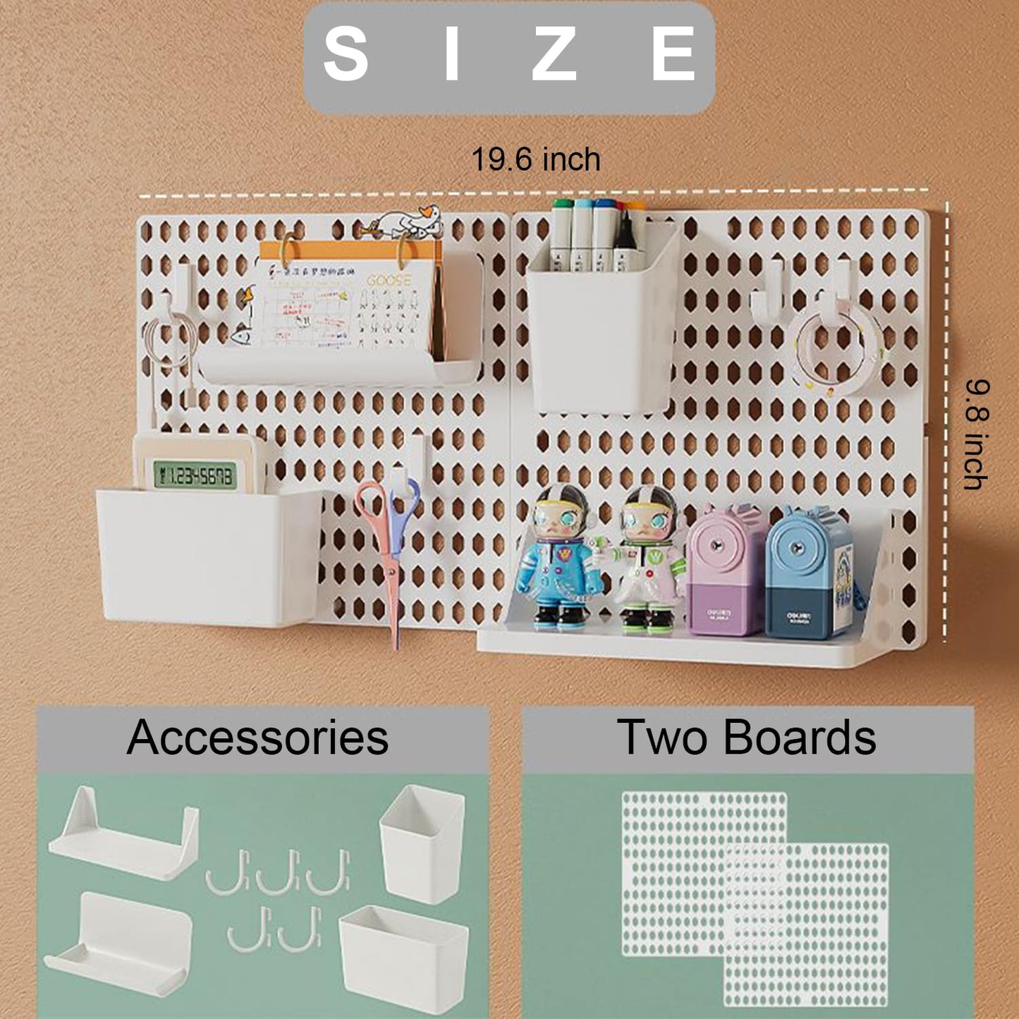 Halyuhn PegBoard Wall Organizer, Plastic Wall Pegboard Kit, 2 White Pegboard and 10 Pegboard Accessories, Wall Mount Pegboard with Hooks, Wall Display Peg board for Home and Office, 19.5” x 9.5”