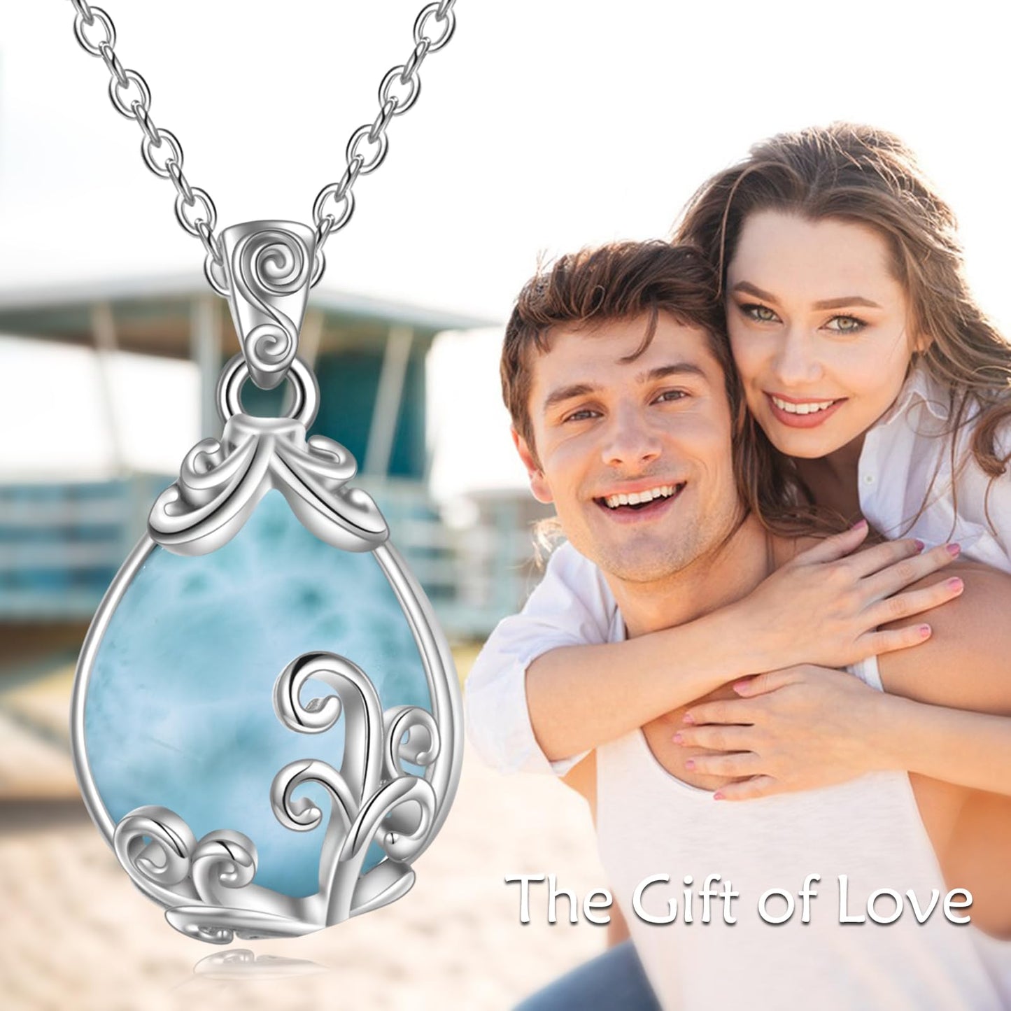 POPLYKE Sterling Silver Larimar Filigree Teardrop Pendant Necklace Gemstone Crystal Jewelry for Women