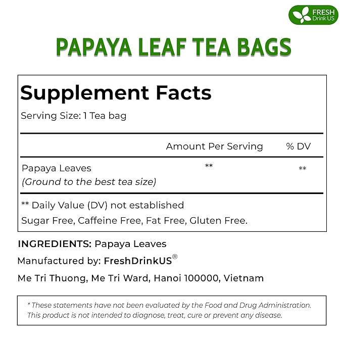 FreshDrinkUS, Premium 25 Papaya Leaf Tea Bags, 100% Natural & Pure from Papaya Leaves. Loose Leaf Herbal Tea. Made with Natural Material Tea Bags. No Sugar, No Caffeine, No Gluten, Vegan.