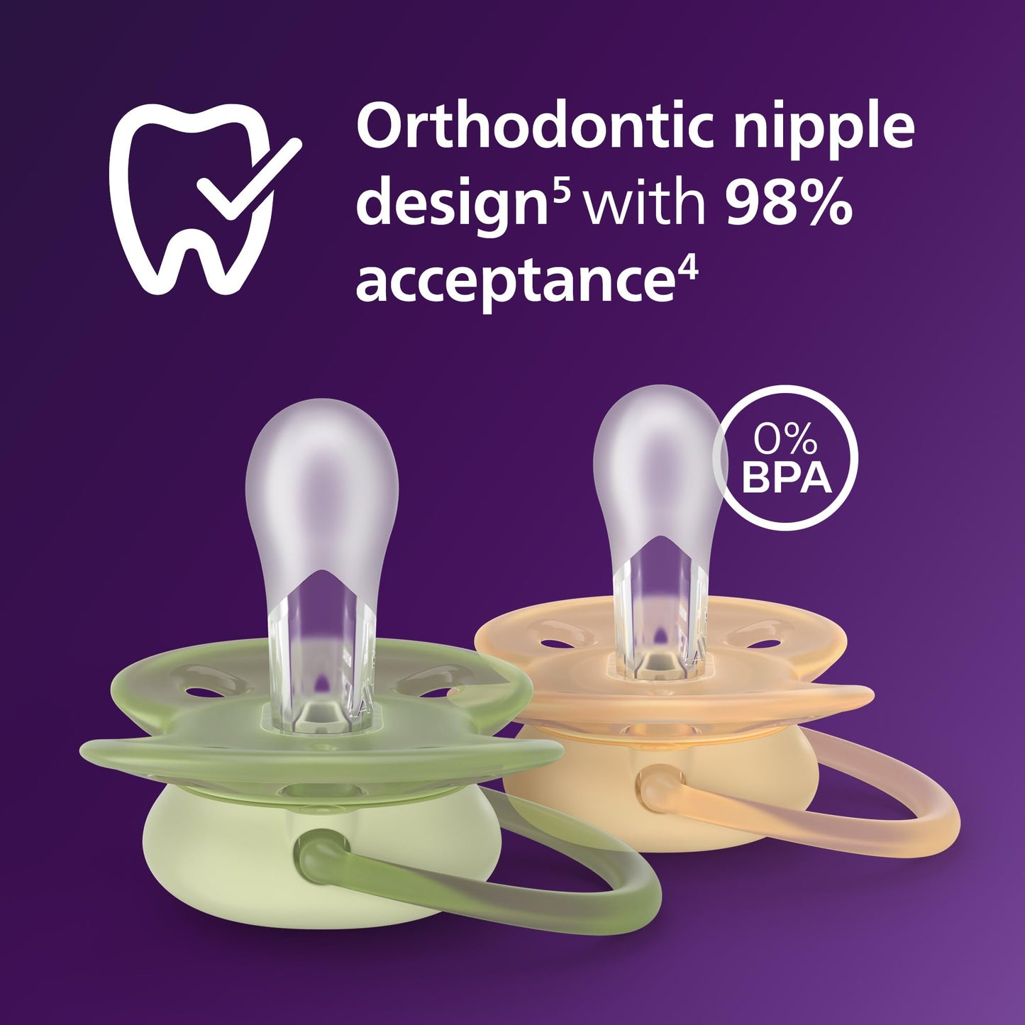 Philips Avent Ultra Soft Pacifiers - Orthodontic Design, for Babies 6-18 Months, Flexible Shield, Silicone Symmetrical Nipple, BPA-Free, 2 Sterilizing Cases, 4 Pack, SCF091/52