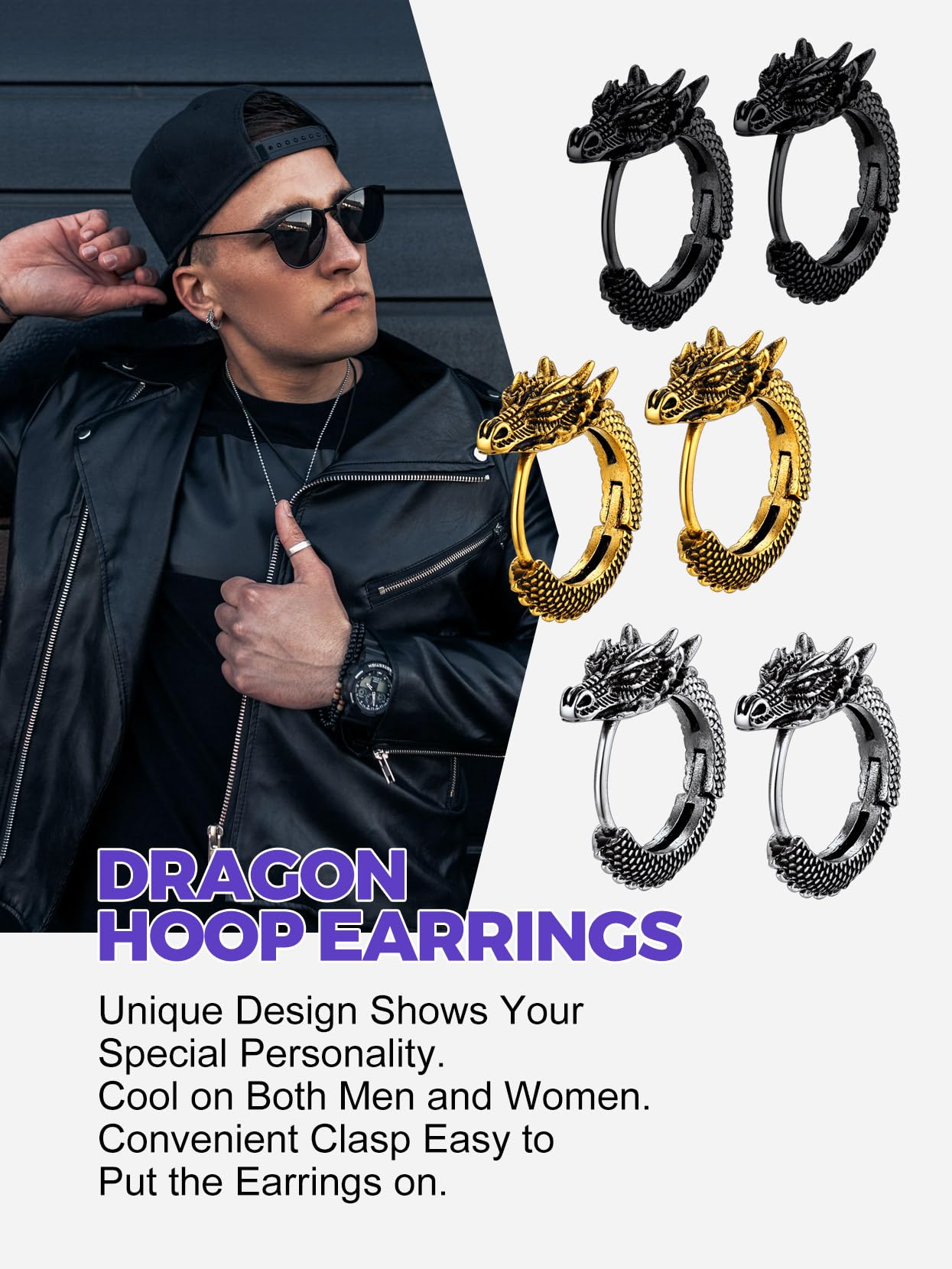 Richsteel Stainless Steel Hoops - Dragon Design Earrings for Men, Gothic Punk Jewelry with Secure Clasp