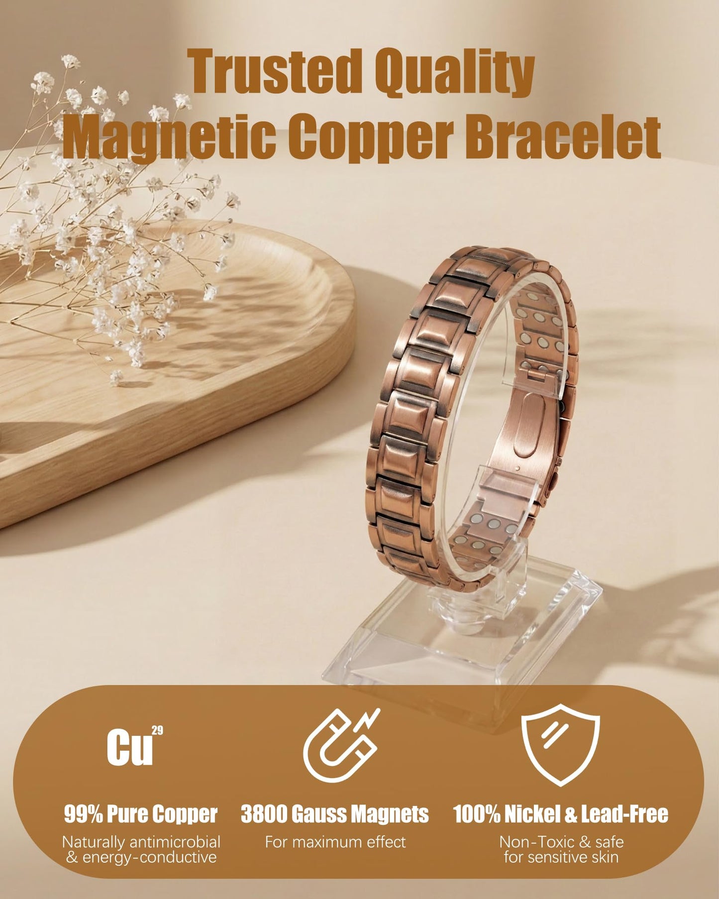 Jeracol 3X Strength Magnetic Copper Bracelet for Men - 99.9% Pure Copper Bracelet & Ring Set - Premium Fold-Over Clasp and Adjustable Length Sizing Tool & Jewelry Box