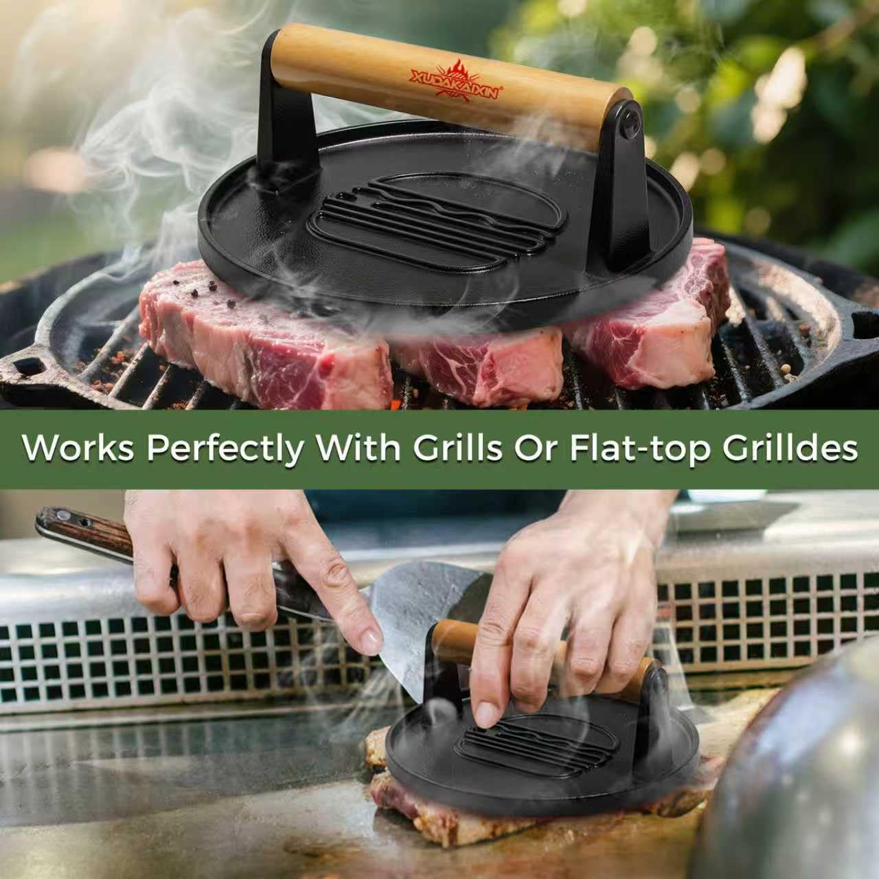 XUDAKAIXIN Cast Iron Smash Burger Press 7.1",Grill Bacon Meat Press Tool,Perfect for Blackstone, Camp Chef, Weber Grills & Indoor Griddles – BBQ & Cookout Must-Have (Grooved)