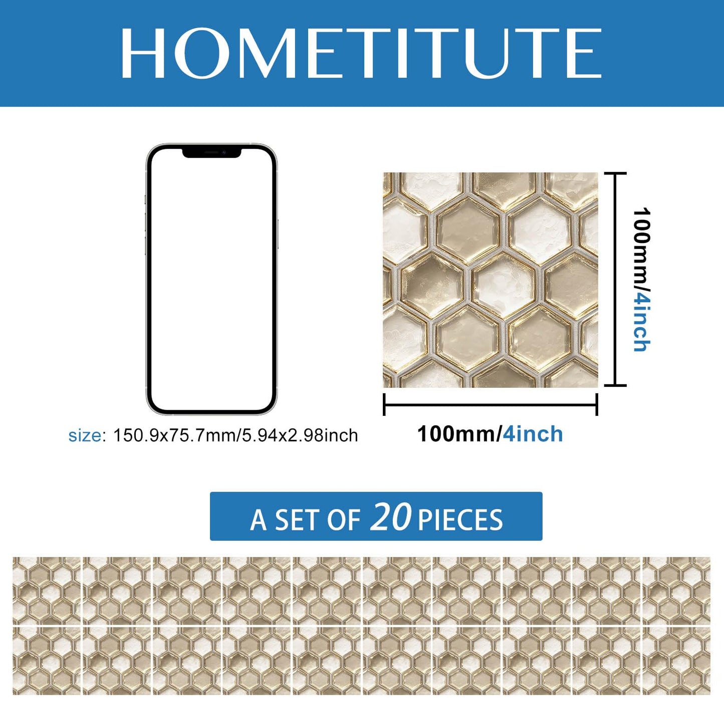 HOMETITUTE 20Pcs Hexagon Gold Glass Look Tile Stickers Peel and Stick Decorative Tiles Waterproof Removable Sticker Tiles Backsplash Decals for Kitchen Bathroom Fireplace Wall Covering 4x4 Inch not 3D