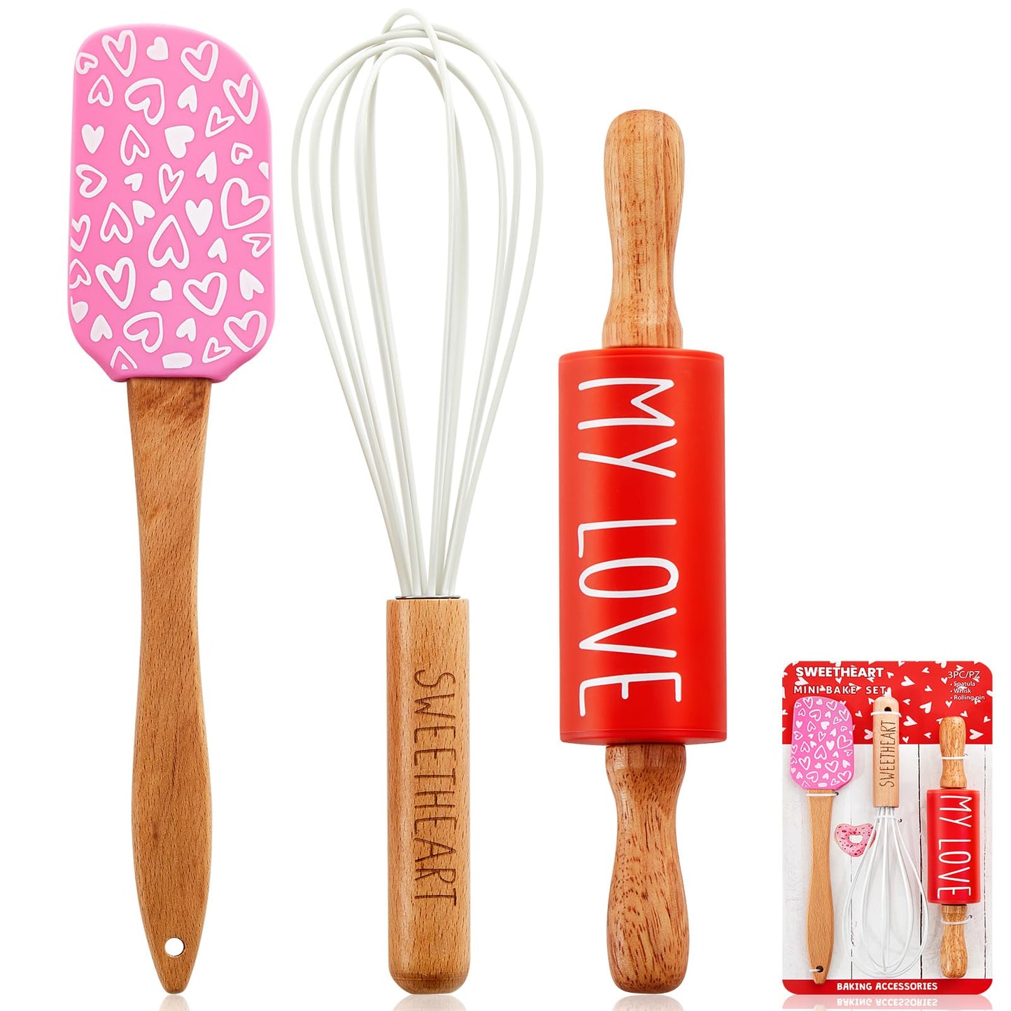 Fuutreo Valentines Holiday Mini Bake Set with Mini Spatula, Whisk and Rolling Pin, Sweetheart Pattern, Heat Resistant, Valentine Sweet Gift Bake Set for Baking Cooking Sauteing Mixing Serving Stirring