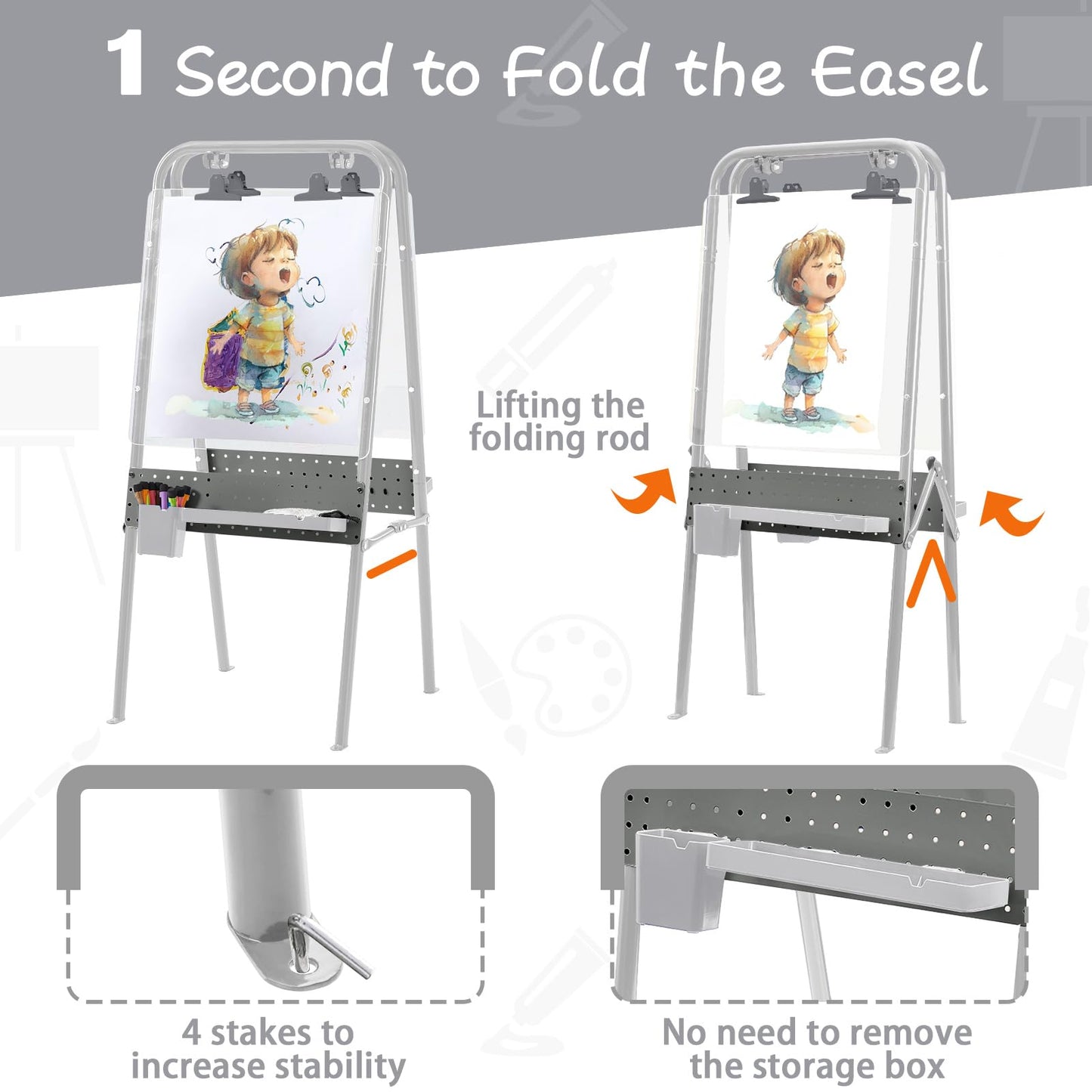 FUNLIO 2-in-1 Outdoor Easel for Kids Ages 3+, Foldable Waterproof & Sunproof Toddler Easel, Double-Sided Kids Art Easel with 2 Acrylic Boards & 20+ Accessories, Portable and Stable - Grey