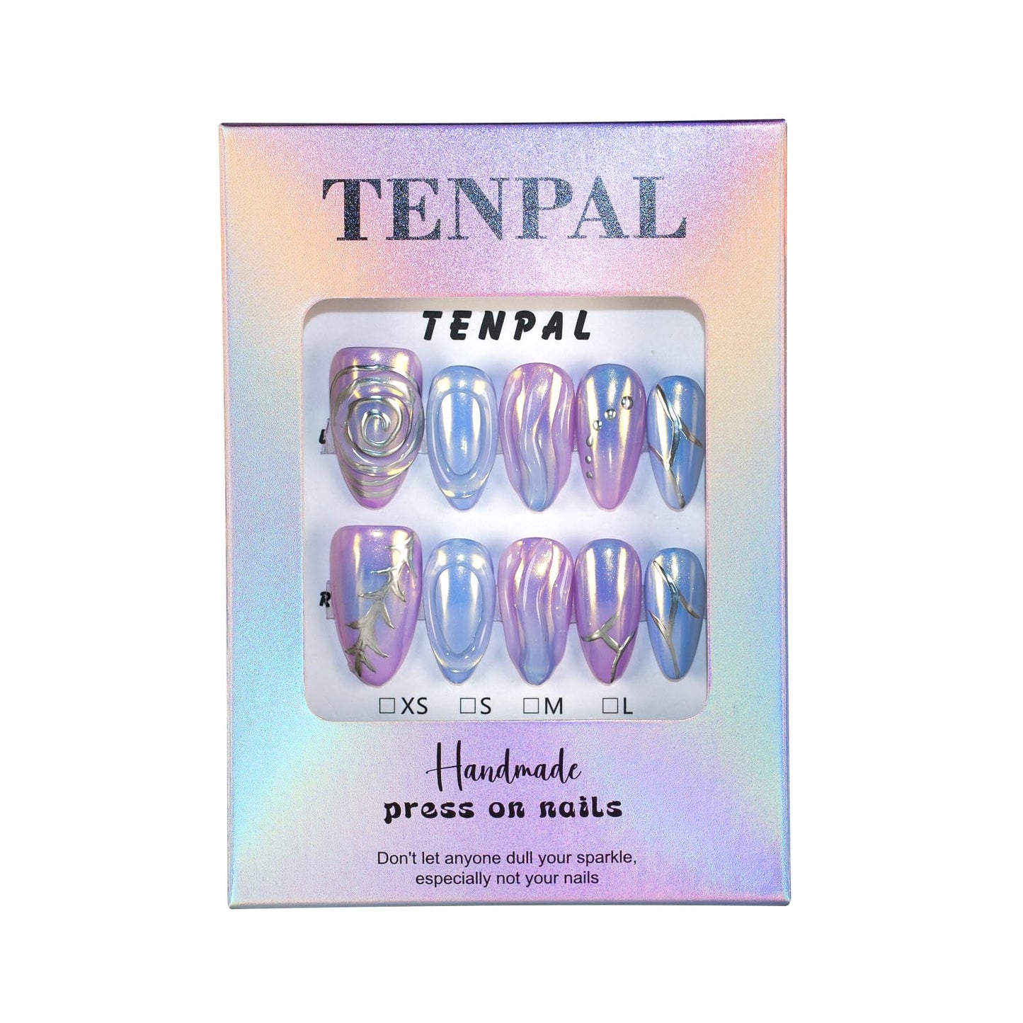 TENPAL Aurora Blue Purple Metallic Nails,Handmade Press on Nails Almond,Full Cover Soft Gel Fake Nails With Tools, Glossy Glitter Glue on Nails With Curves Swirls 10pcs/Box Stick on Nails,XS Size