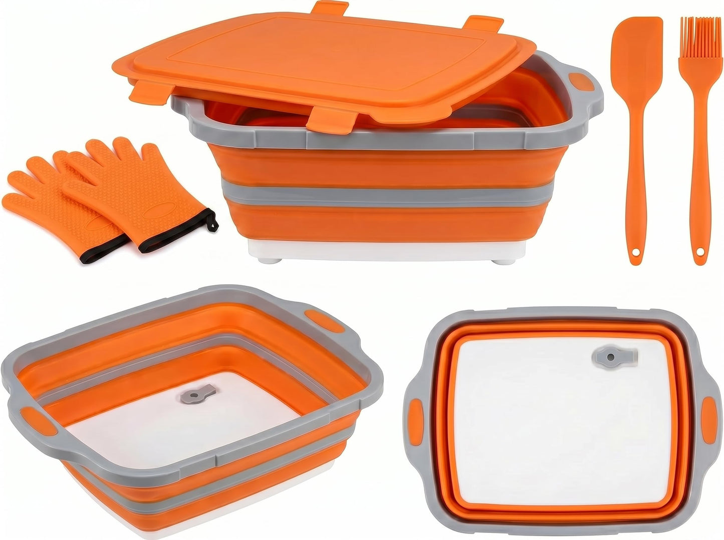 Collapsible BBQ Prep Tub with Lid & Cutting Board 8L - Meat Marinating Basin & Grill Carry System - 5pc Set with Heat Resistant Gloves, Basting Brush & Spatula(Orange, Large, 8L)