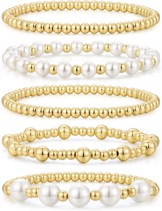 M MOOHAM Gold Beaded Bracelets for Women - 14k Real Gold Plated Beaded Pearl Bracelet Set Stack for Women Trendy Non Tarnisn, Adjustable Stretch Bracelet Jewelry Gifts for Teen Girls Women