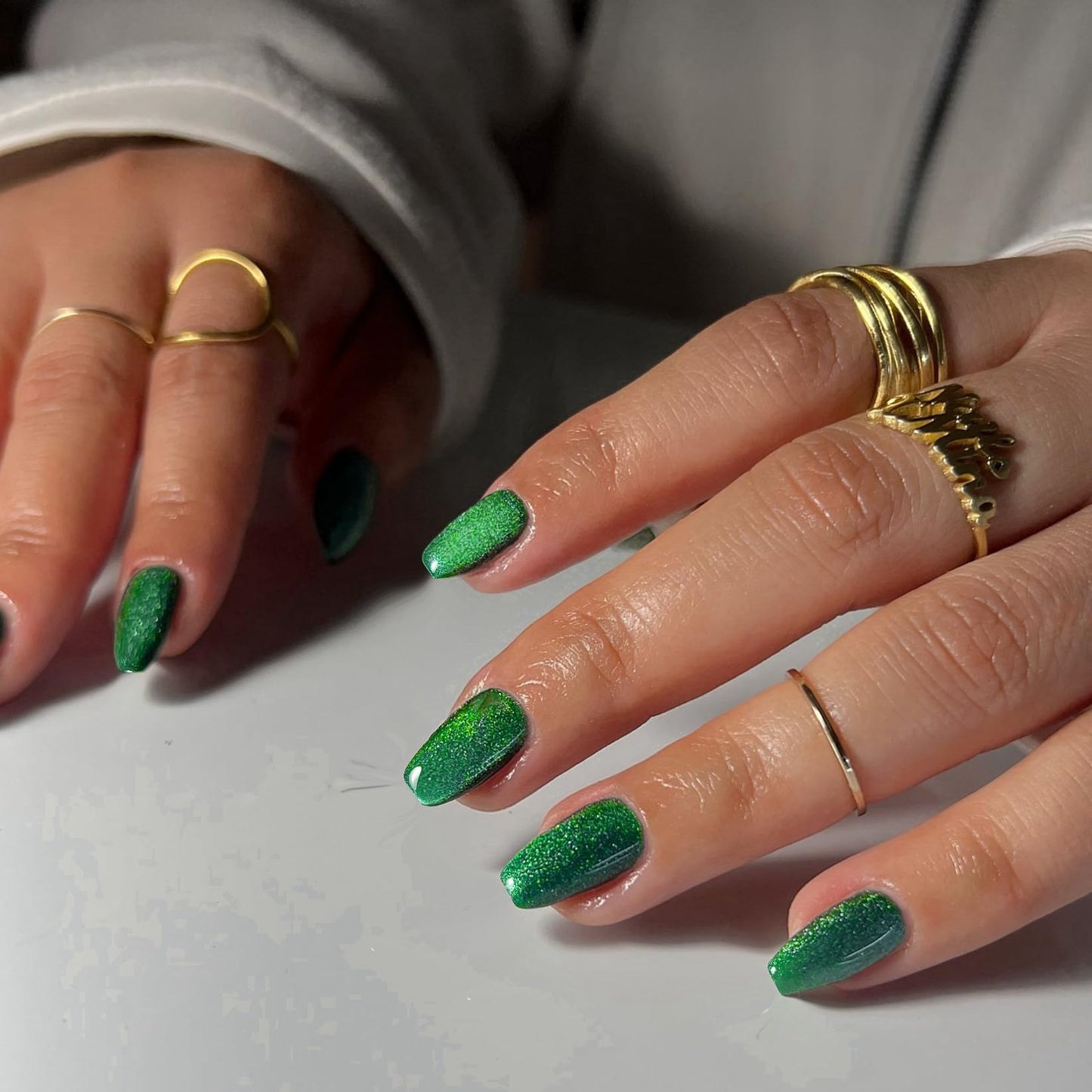 Medium Short Press On Nails Square - Spring Cat Eye Green Fake Nails Coffin Acrylic Nails Press ons Glue on Nails Opaque Glitter Short False Nails in 30 Pcs for Women