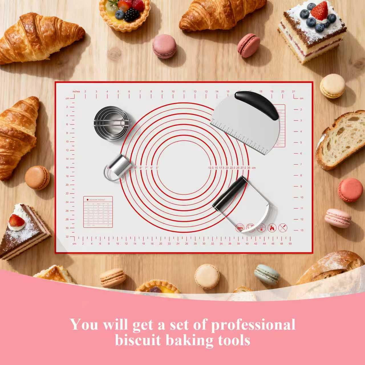 Frapkom Biscuit Cutter, Silicone Pastry Dough Baking Mat Set, Baking Tools and Accessories Kit (4 Pcs/Set)