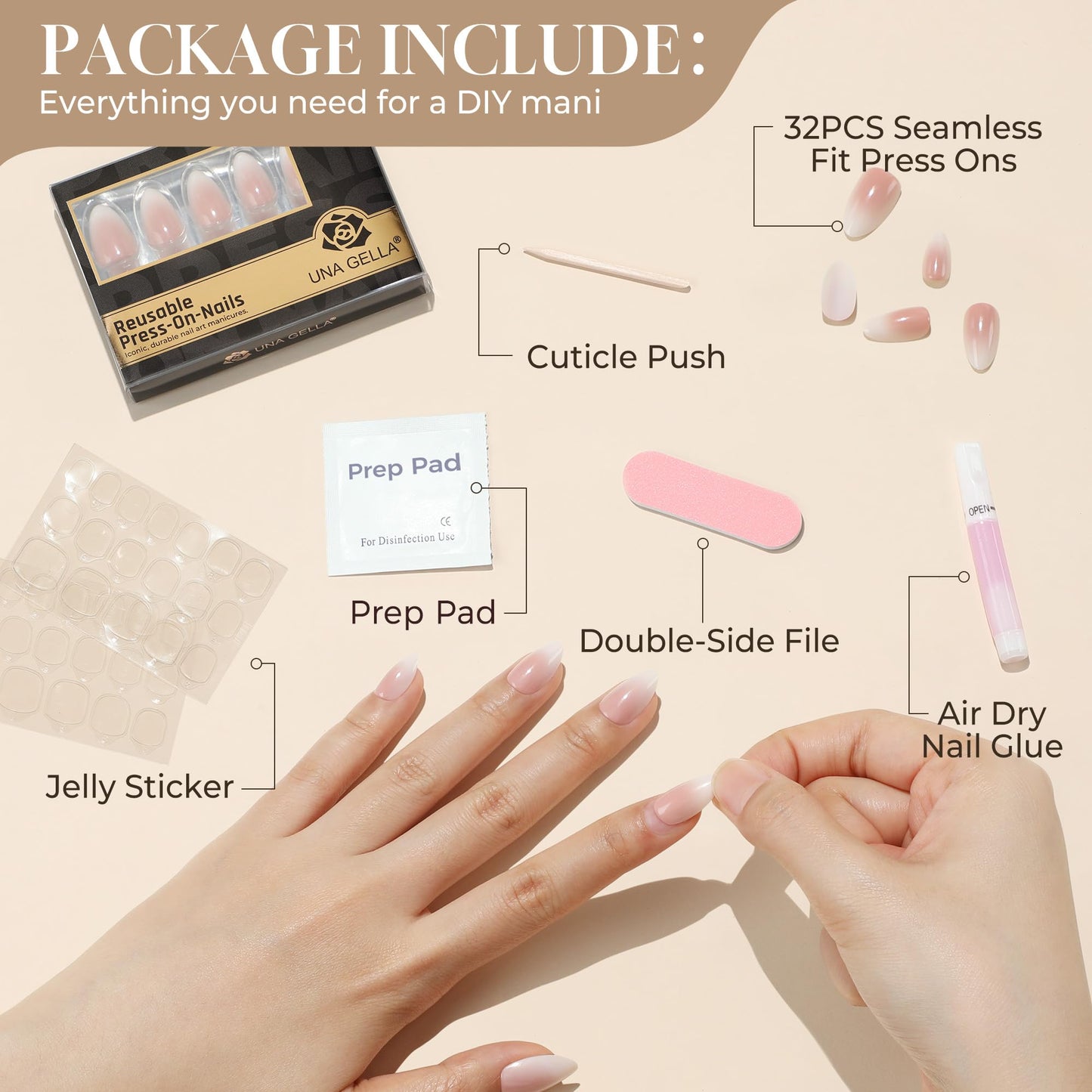 UNA GELLA Press On Nails Short Almond: Ombre Soft Gel Press Ons Kit with Nail Tips Glue on Nails, 16 Sizes - 32 Reusable Fake Nails, Pink Cream