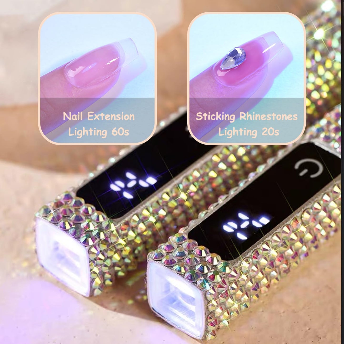 HEVOY Crystal Rhinestone UV Nail Lamp, Artificial Bling Handheld UV Light for Nails, Portable Mini Nail Light with 2 Timer and LED Display, Rechargeable USB Nail Dryer for Fast Curing Gel Polish
