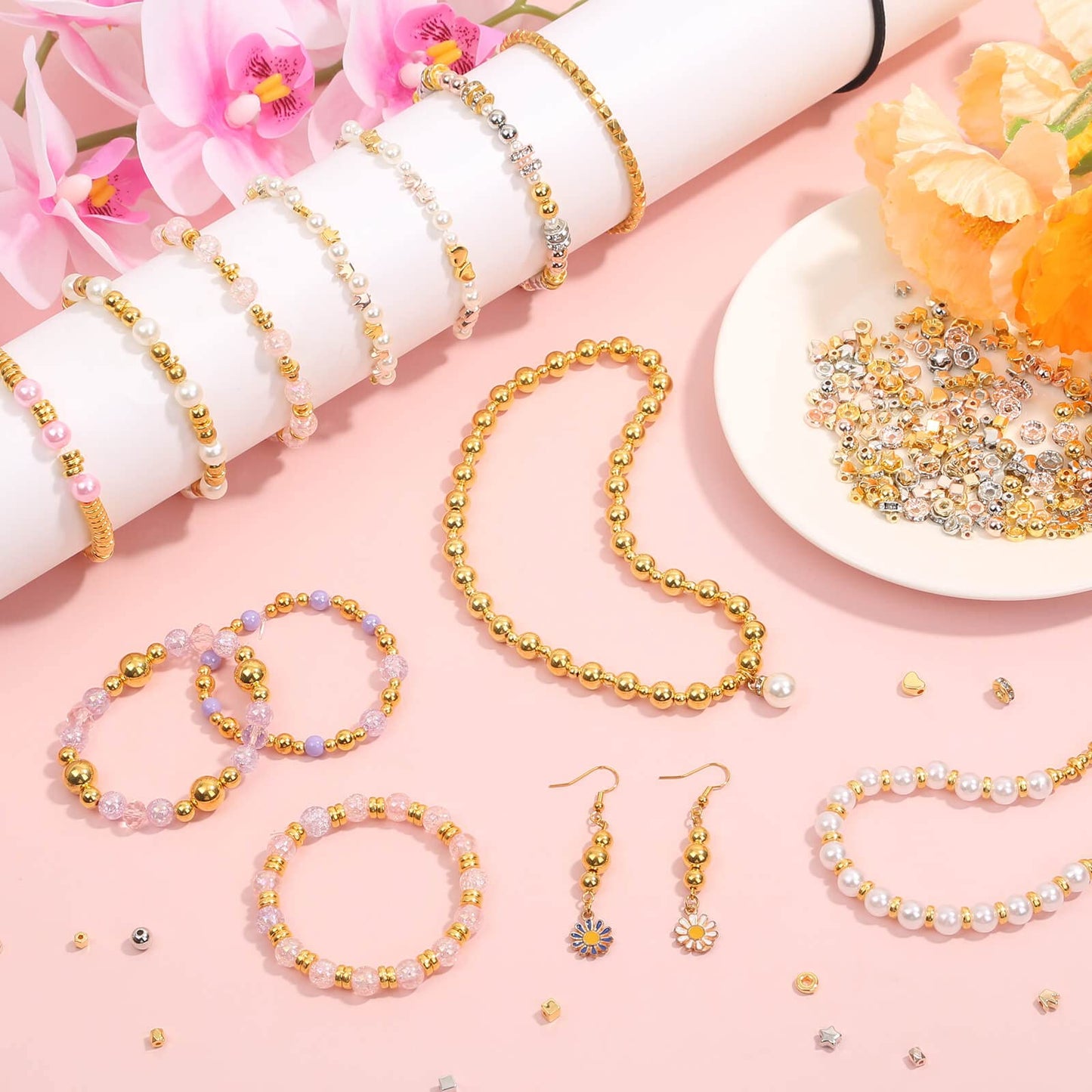 selizo 2240 Pieces Spacer Beads for Jewelry Making in 8 Styles, Assorted Gold Beads for Bracelets Making, Crafts(Gold, Sliver, Rose Gold, KC Gold)
