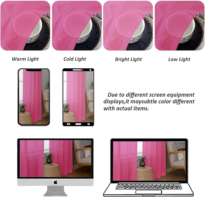 Chyhomenyc Sheer Curtains 108 Inch Length 2 Panels Set, Extra Long Light Filtering Solid Voile Window Drapes for Living Room Bedroom, 42Wx108L, 9FT Length, Set of 2, Hot Pink