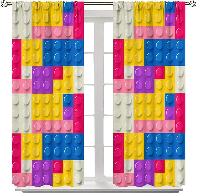 Kids Building Blocks Toy Curtains Children's Room Abstract Outline Colorful Plastic Toys Geometric Bricks Print Curtains for Boys Girls Nursery Curtains 63x63 Inches 2 Panels