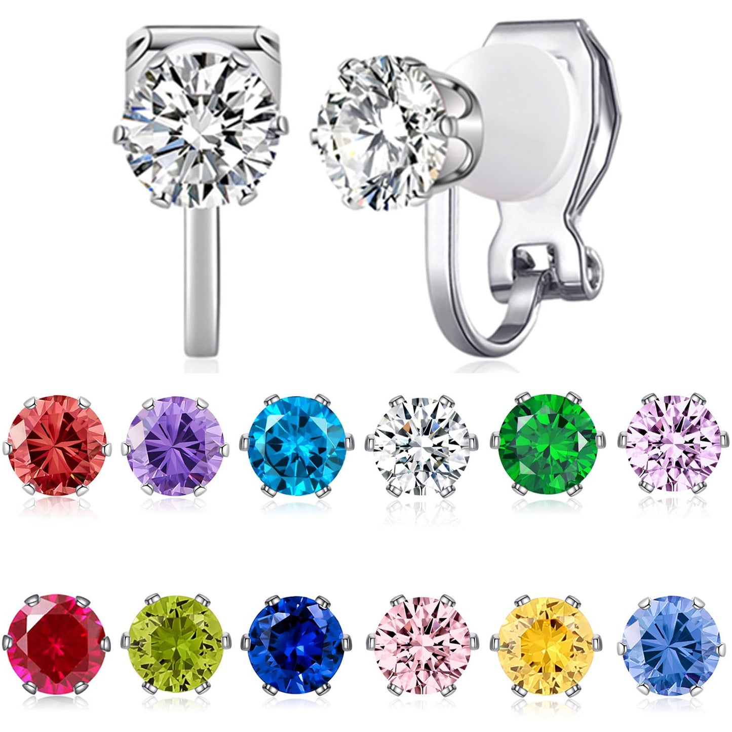 Spiritlele 12 Pairs Birthstone CZ Clip on Stud Earrings Set Round Cubic Zirconia Clip on Non Piercing Fake Stud Earrings Birthday Gifts Unisex (Circle)