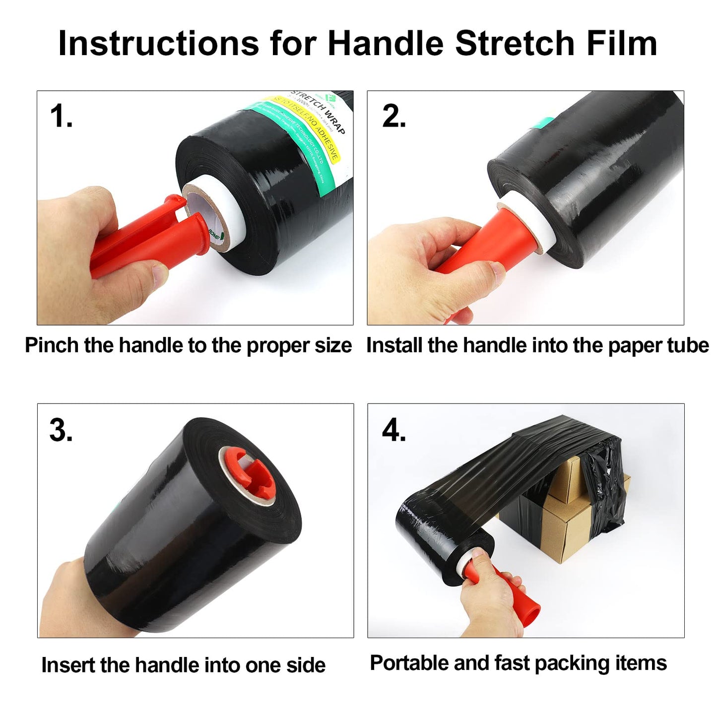 BOMEI PACK Mini Black Industrial Stretch Wrap Film 5" x 1000ft Roll with Handle, 80 Gauge Thick Cling Plastic Wrap for Moving, Pallet Wrap - Self Adhering Packaging Heavy Duty Shrink Film, 4 Pack