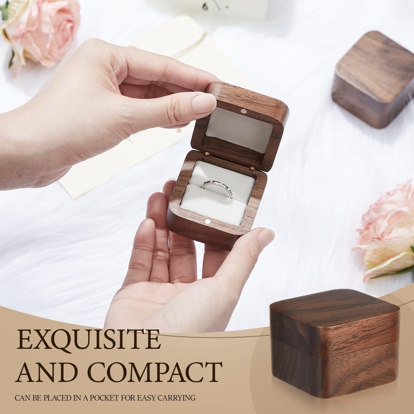 Loetere 6 Pcs Square Wooden Ring Boxes for Wedding Ceremony Proposal Mini Engagement Ring Gift Holder Single Slot Small Vintage Cases Handmade Retro Solid Rustic Jewelry Storage Box (White)