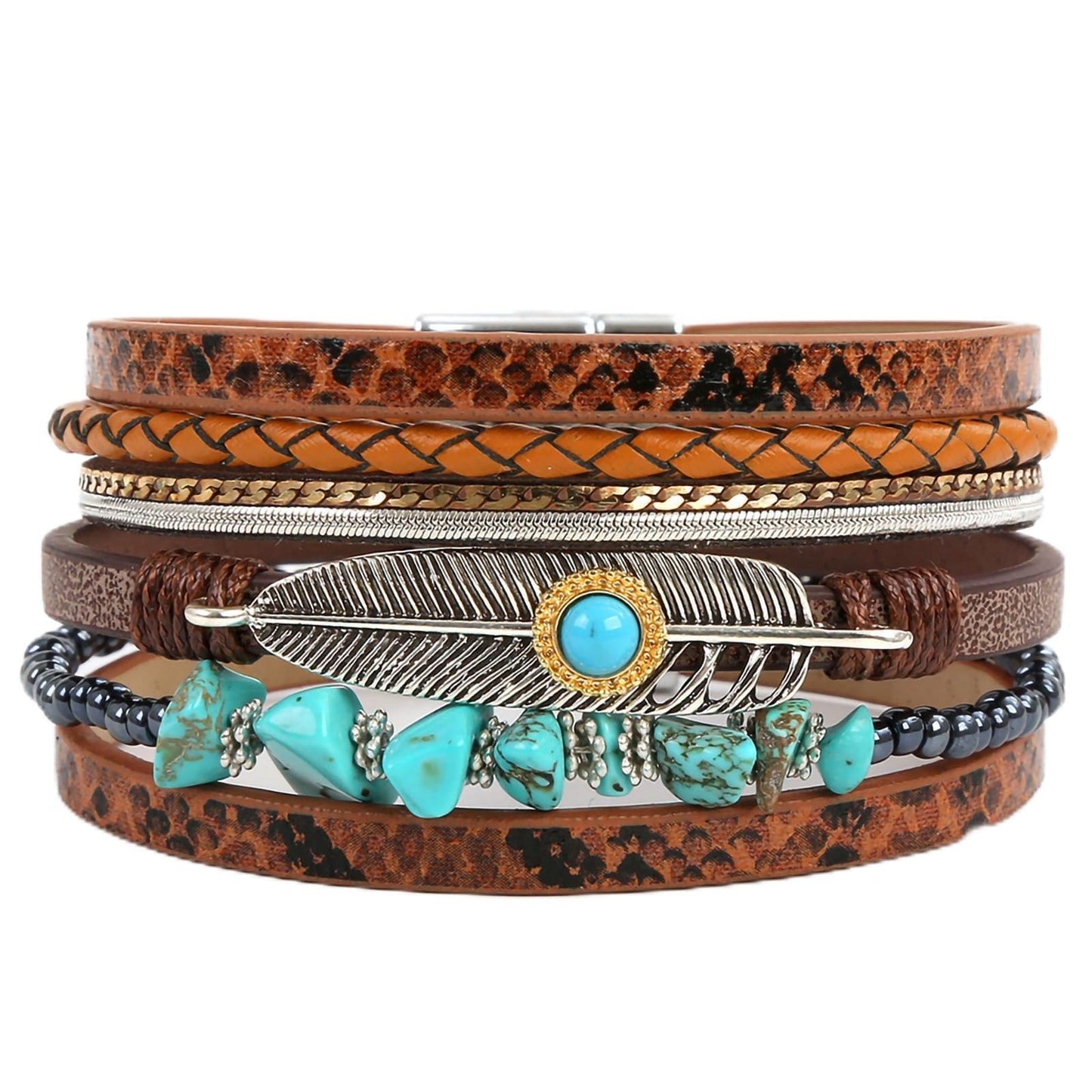 Leopard Bracelet for Women, Boho Leather Wrap Multi-Layer Pearl Crystal Bracelet Bangle Jewelry (Feather(Brown))
