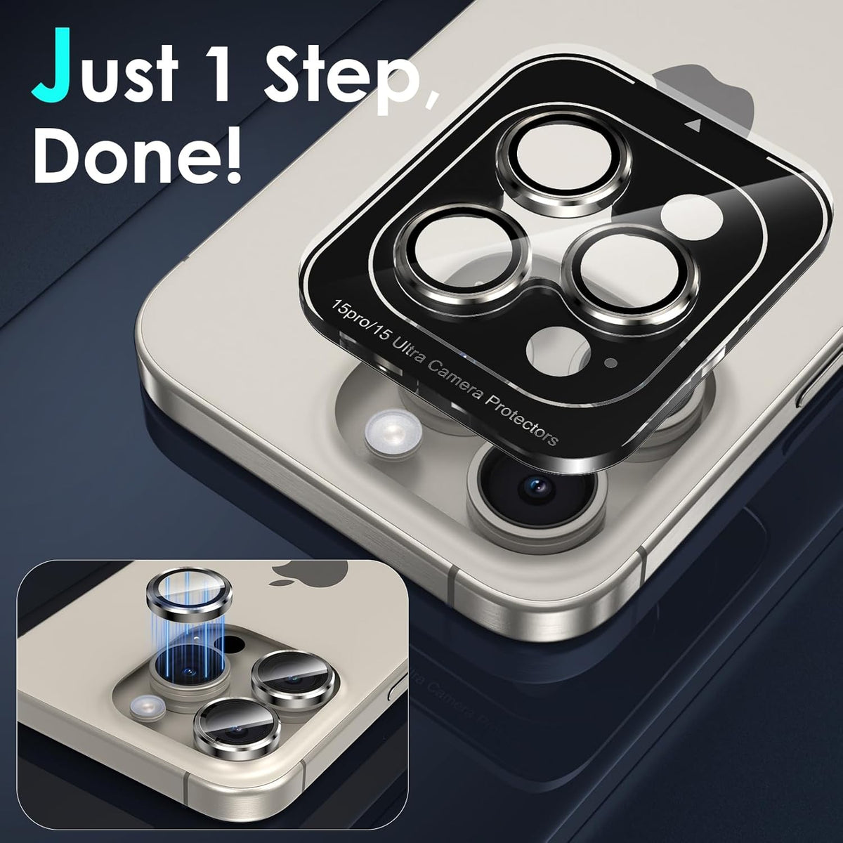 YWXTW Camera Lens Protector for iPhone 15 Pro/iPhone 15 Pro Max, [1 Step Installation Tray] Tempered Glass Screen Protector Metal Individual Camera Cover Accessories Case Friendly (Natural Titanium)