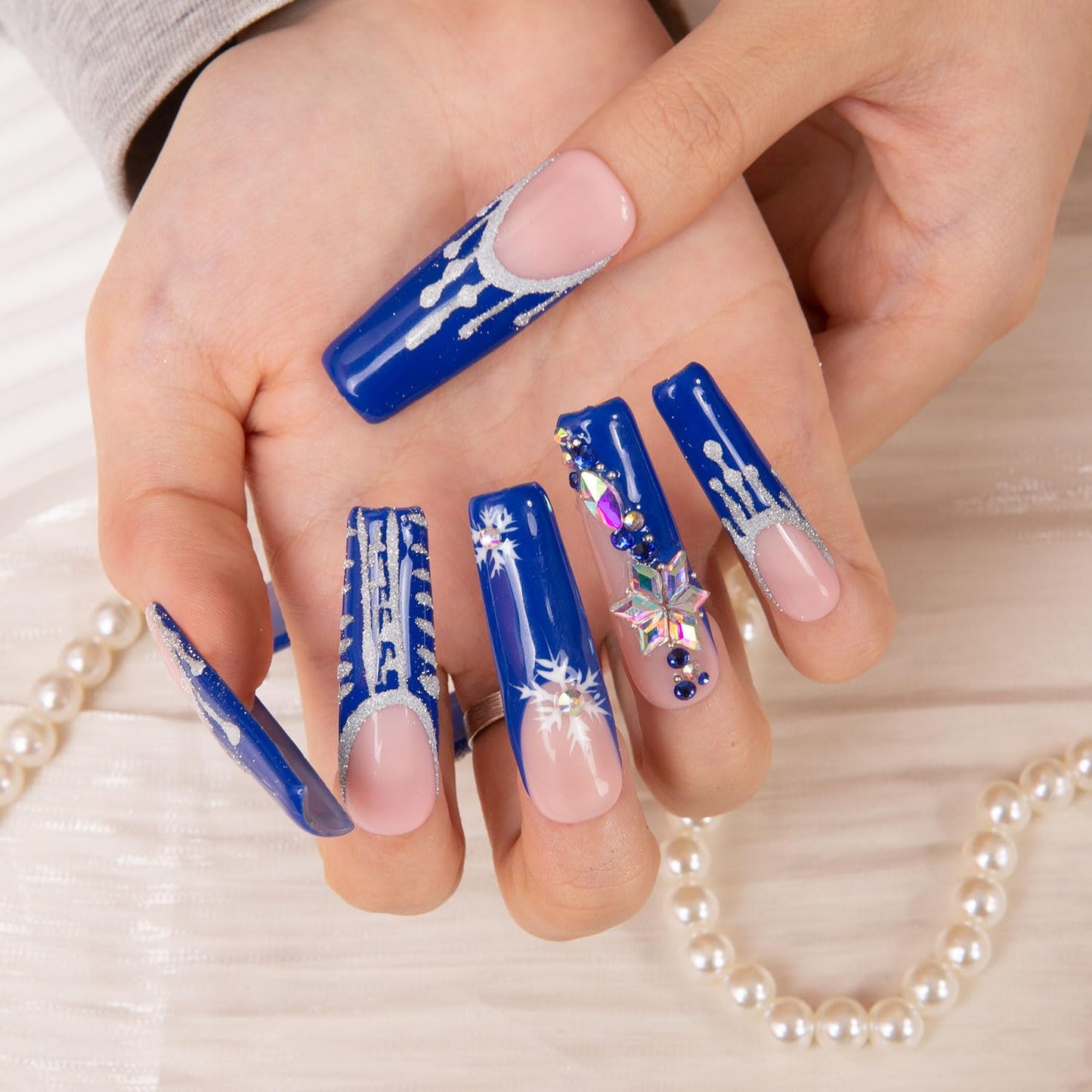 LOVFUL Press on Nails Snow Waltz Blue French Tip| Handmade with Full Covered Crystals | Reusable Fake Nails | Square Mid Length 1.7 in | H140-S