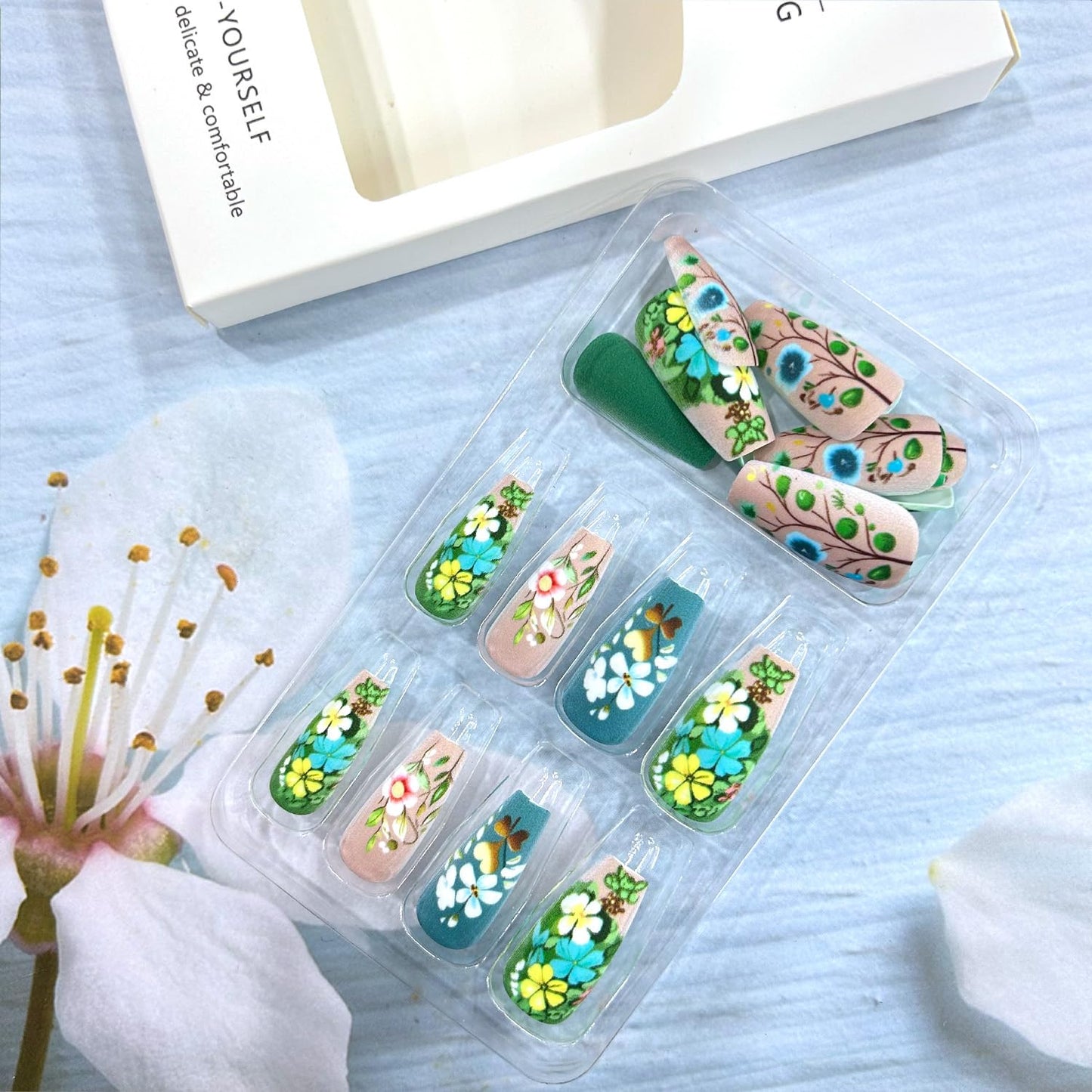 Green Press on Nails Medium Flower False Nails Ballet Shaped Acrylic Nails Colorful Floral Design Full Cover Stick on Nails Glossy Coffin Nails Reusable Glue on Nails Artificial Nails for Women 24Pcs