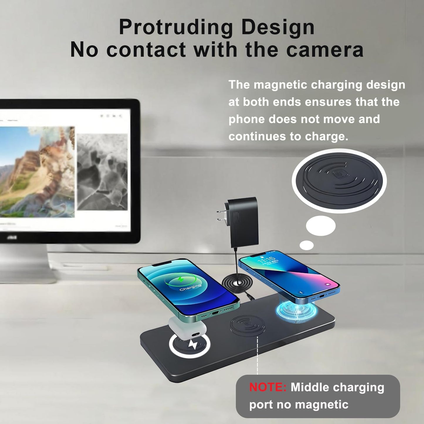 Magnetic Wireless Charger Pad - 3 in 1 Fast Mag-Safe Charging Station for iPhone 17/16/15/14/13/12 Series, AirPods 4/3/2 Pro, 15W Wireless Charging Mat/Pad for Apple Multiple Devices(with Adapter)