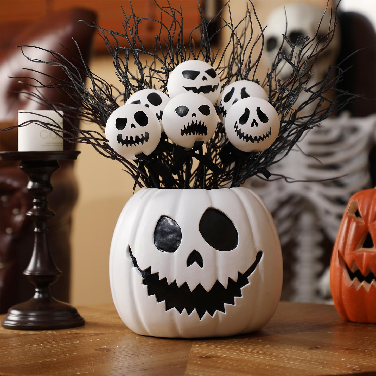 Wiwiqing Halloween Table Centerpieces Decor Resin Pumpkin Vase with Artificial Ghost Skull Face Balls Branch Flower Soil, Retro DIY Spooky Pumpkin Vase for Home Kitchen Indoor Decoration(Scary Face)