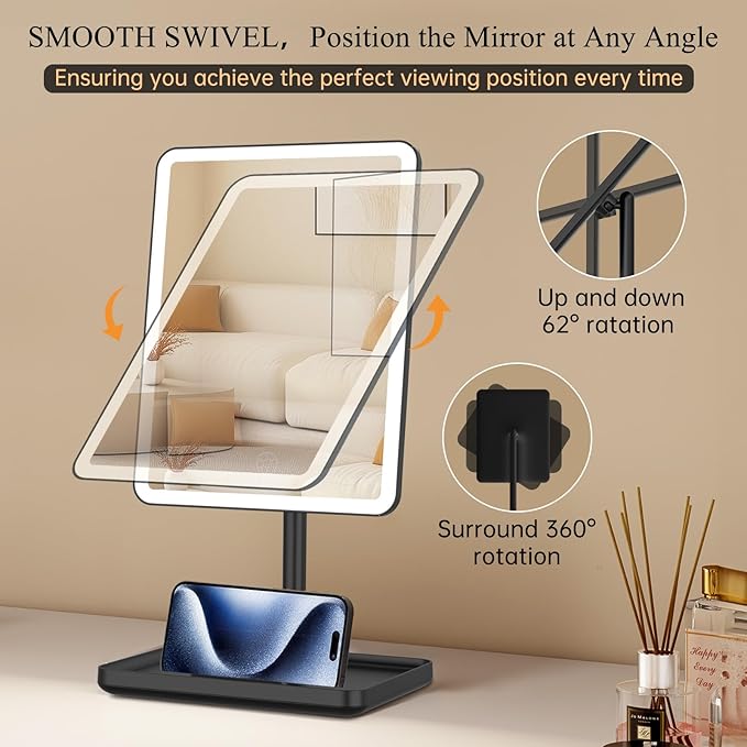 FUNTOUCH Vanity Mirror with Lights, Makeup Mirror with Lights,Smart Touch with 3-Color Lighting,Dimmable,Detachable 10X Magnification for Vanity Desk Tabletop,Black