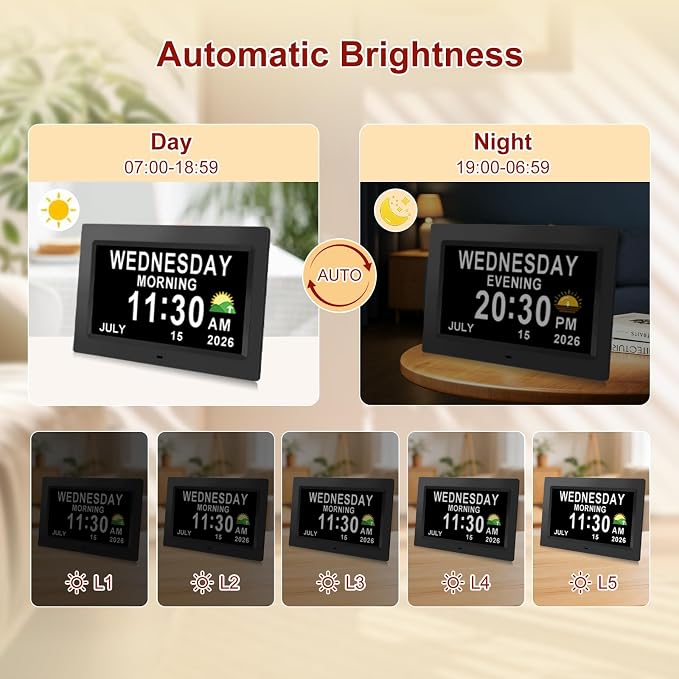 SSINI 12”Large Digital Clock for Seniors Dementia Clock with Day and Date for Elderly Digital Clock 15 Alarms 5 Colors Display Large Display Alzheimers Clock
