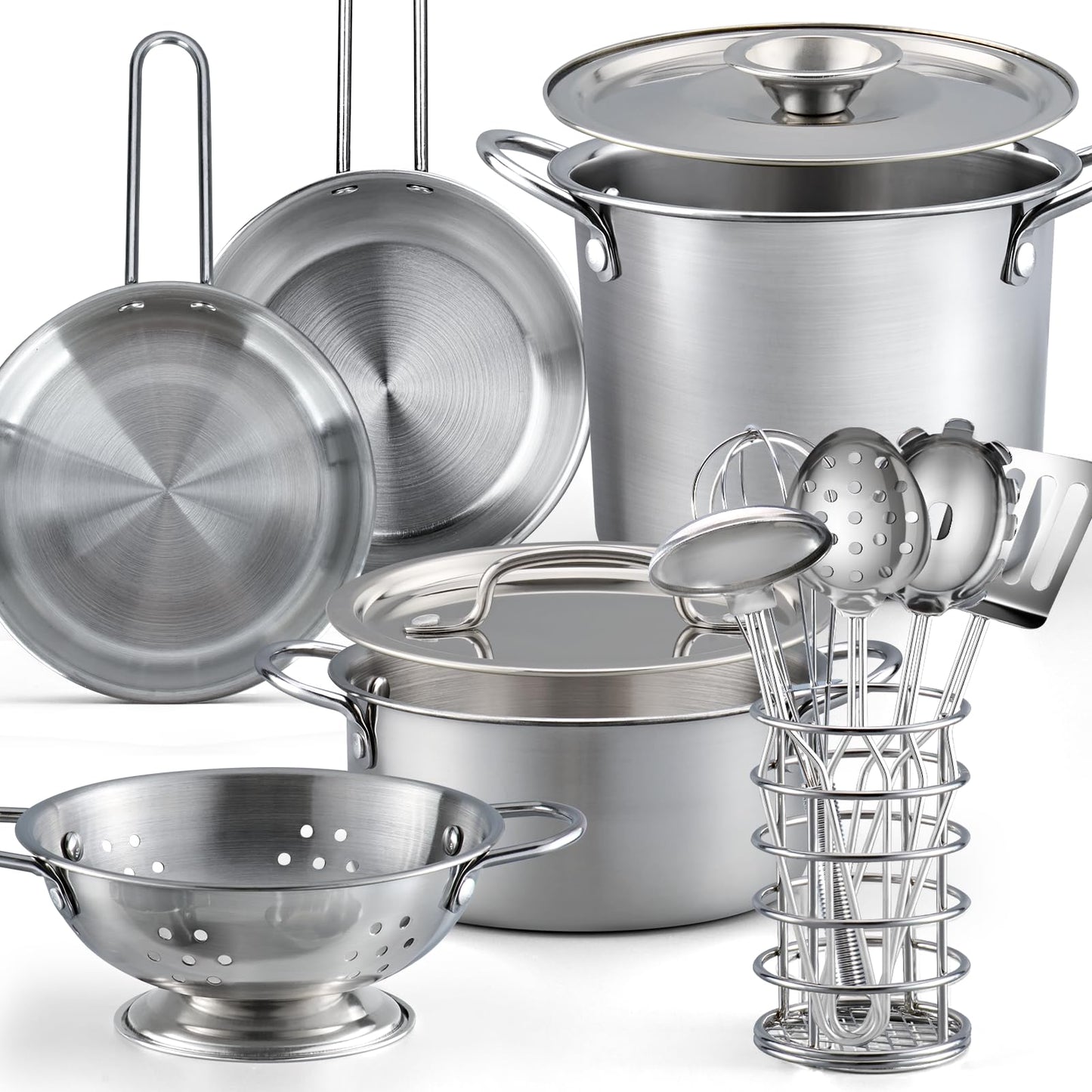 13Pcs Kids Pretend Play Kitchen Accessories Pots and Pans Playset, Stainless Steel Pots and Pans Cooking Utensils in Draining Caddy Kitchen Toy Set Accessories for Kids Toddler Age 3 Years Old