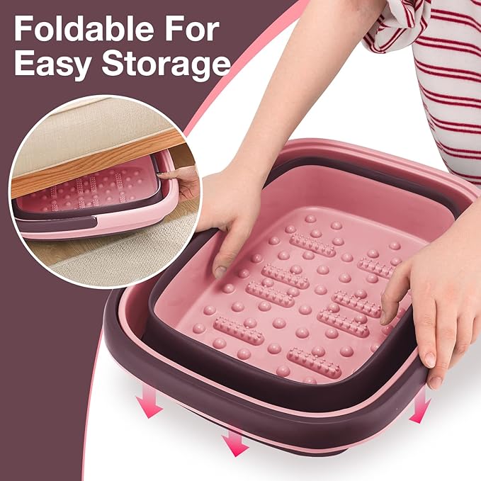 Udefineit Collapsible Foot Bath Basin with Handle, 15L/4 Gallons, Foldable Foot Bath Tub, Foot Soaking Basin with Massage Acupoint, Pedicure Foot Spa Tub for Home Dry Cracked Feet Treatment - Pink