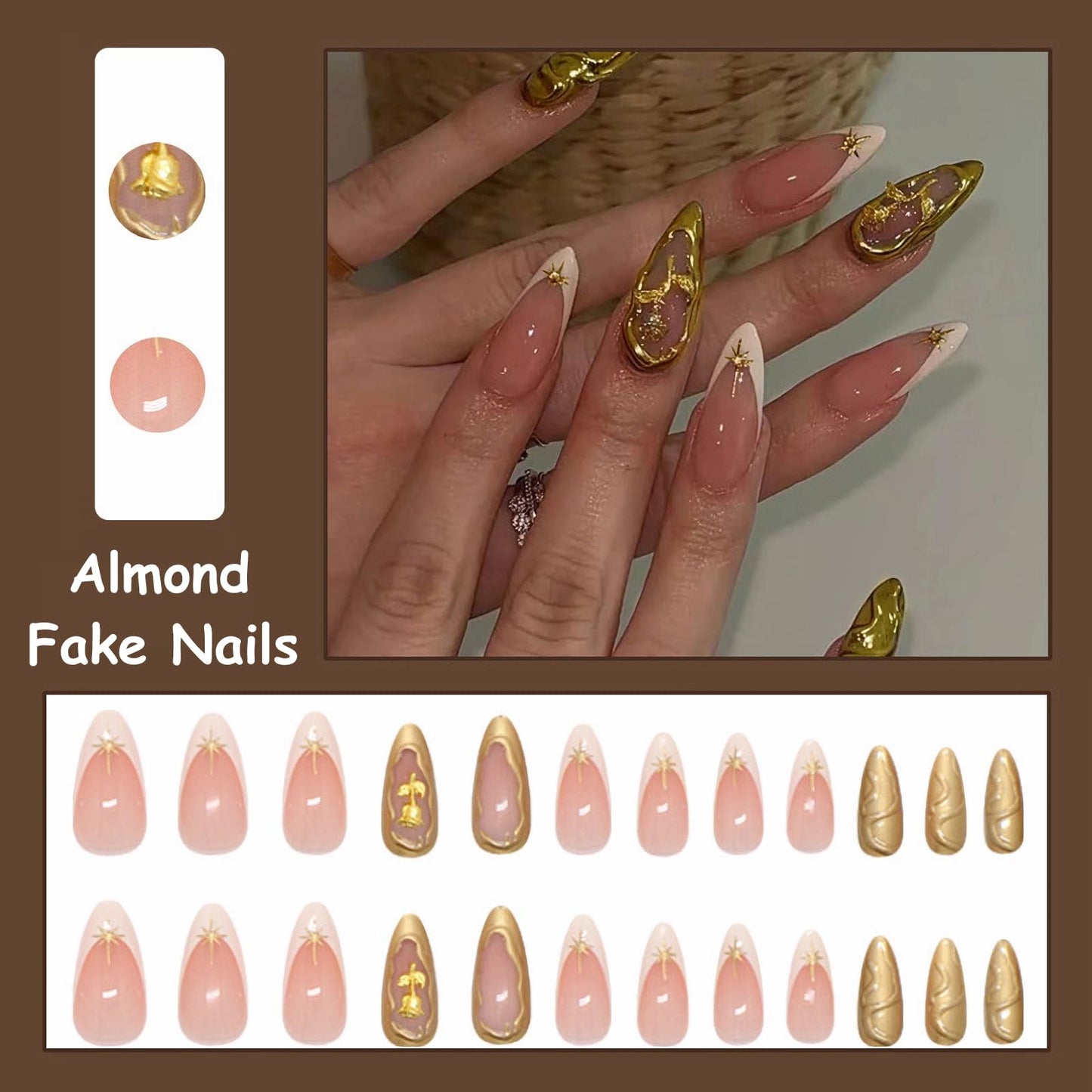 MISUD Press on Nails - Medium Almond Fake Nails with White French Tip, Acrylic Gold Chrome Design 24 pcs