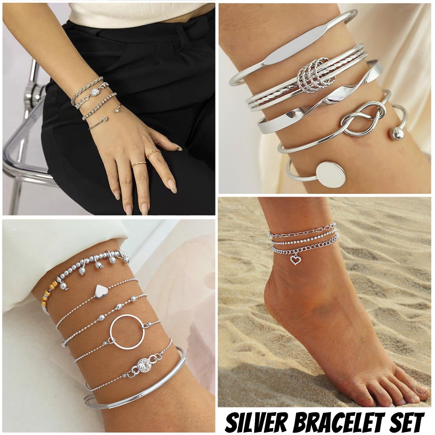 IFKM 6 PACK (27 PCS) Silver Chain Bracelets Set for Women, Silver Plated Multiple Layered Stackable Open Cuff Bangle Bracelet Anklet Adjustable Link Tennis Beads Italian Cuban Jewelry