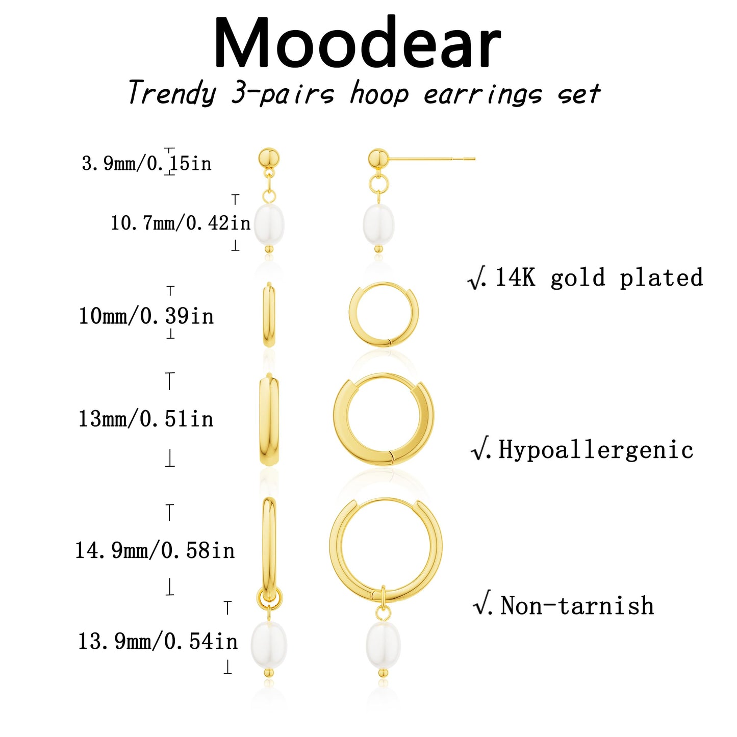 Moodear Trendy Pearl Drop Hoop Earrings for Women - Dainty 14K Gold Plated Small Dangle Baroque Pearls Stud Hoops Hypoallergenic Earring Sets for Multiple Piercing