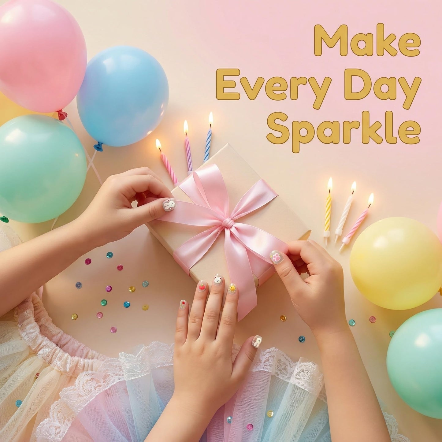 Kids Press On Nails, Everyday Cute Design, All Kids Love Fake Nails for Girls, Soft Glitter Look, 24pcs