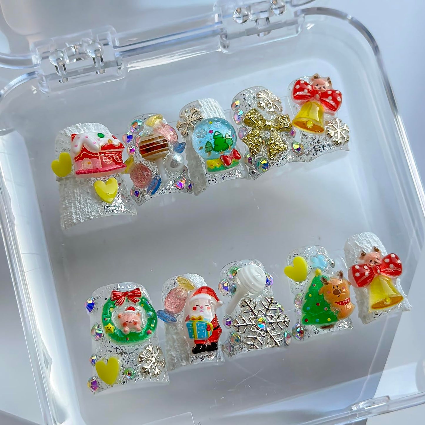 Christmas Luxury Press on Nails Short Duck Handmade 3D Unique Reusable ABS Material Fake Nails Cute False Nails with Santa Reindeer Tree Snowflake Bow Glossy Glue on Nail Thick Acrylic Nail(M)