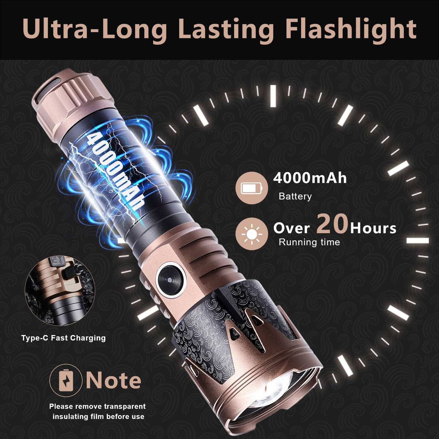 SKYFIRE Rechargeable Flashlight High Lumens with Ignition Lens,5000mAh Fire-Starting Tactical Flashlight,Emergency Survival Gear for Camping Outdoor,6Modes Waterproof Zoomable Small Flash Light