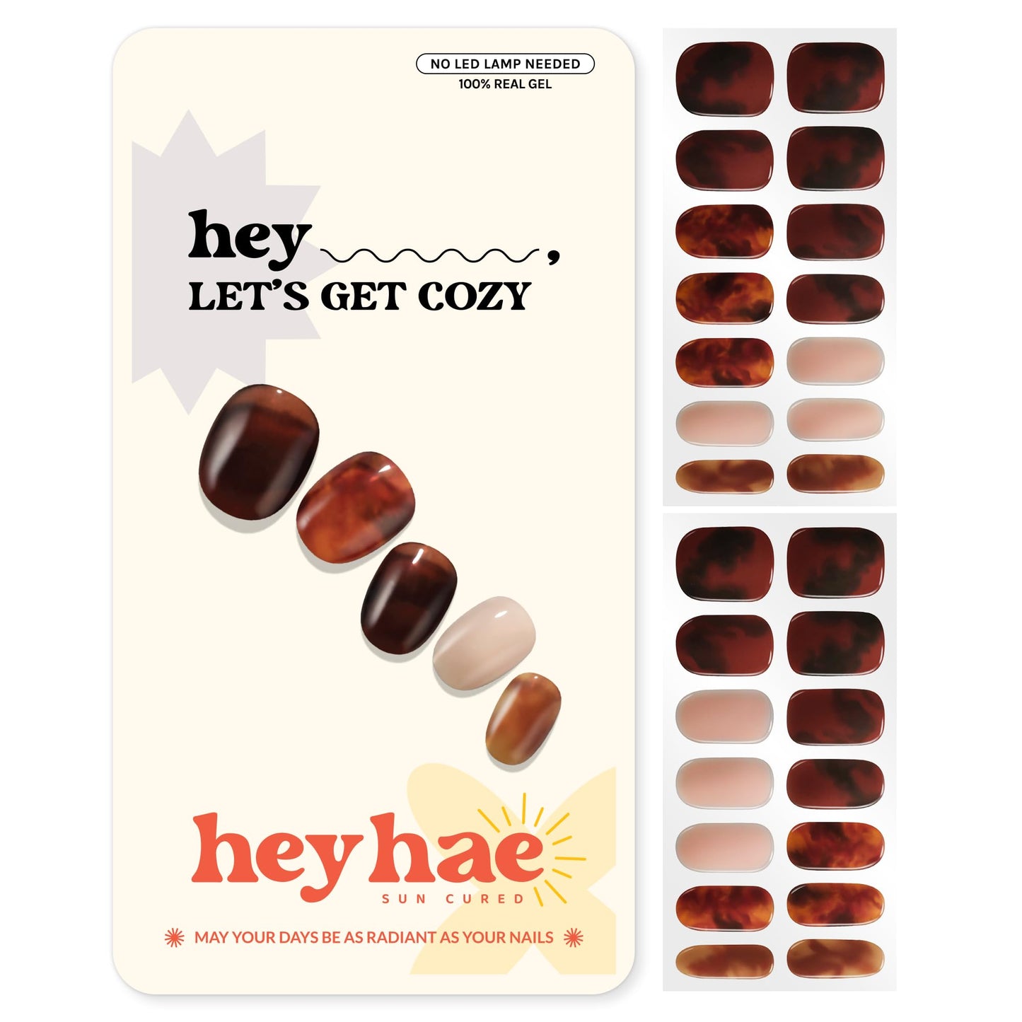 Heyhae Semi Cured Gel Nail Strips | No LED Lamp Needed | Fall, Marble, Brown | Easy Apply & Remove, Salon Quality | Includes 28 Strips, 1 Prep Pads, Nail File & Wooden stick - Hey, Let’s Get Cozy