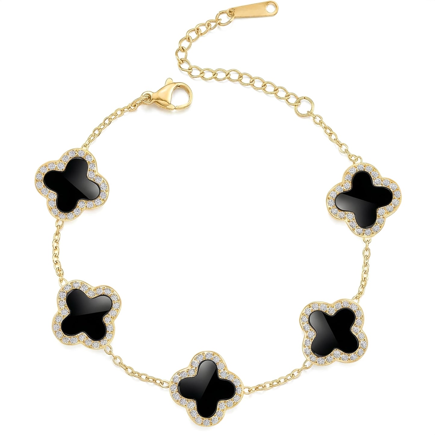 SHINYY Four Leaf Clover Bracelet for Women | 18K Gold Plated Cubic Zirconia Link Bracelet | 4 Leaf Lucky Jewelry Gift for Her (Black Gold)